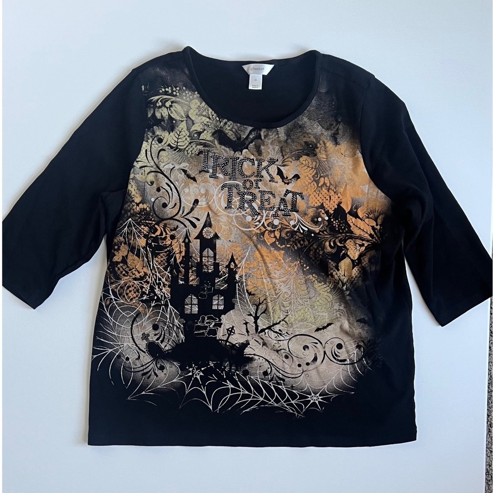 CJ Banks Women 2X Halloween Trick or Treat Rhinestone Haunted House Top Black